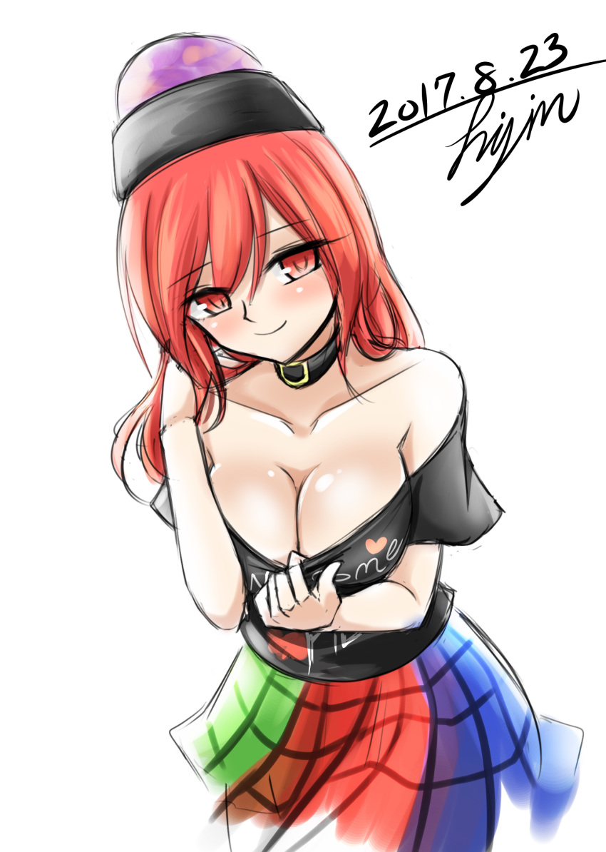 1girl artist_name bare_shoulders blush breasts cleavage clothes_writing collar collarbone dated hand_in_hair hecatia_lapislazuli highres hisin large_breasts looking_at_viewer multicolored multicolored_clothes multicolored_shirt multicolored_skirt off-shoulder_shirt off_shoulder plaid plaid_skirt polos_crown red_eyes redhead shirt shirt_tug signature skirt smile solo t-shirt touhou white_background