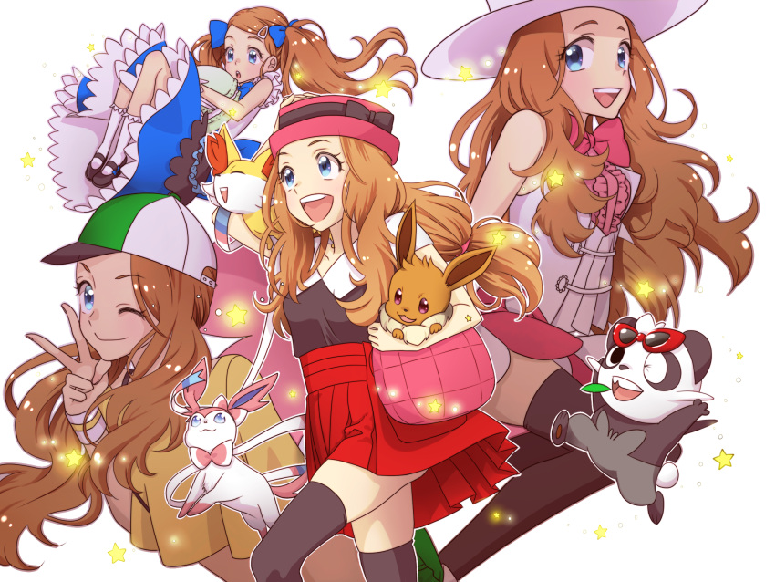 :d ;) black_legwear black_ribbon black_shirt blue_bow blue_dress blue_eyes bow bowtie brown_hair dress eevee fennekin hair_bow hair_ornament hairclip hat hat_ribbon high-waist_skirt highres long_hair long_ress miniskirt one_eye_closed open_mouth pancham pink_bow pink_bowtie pink_hat pleated_skirt pokemon pokemon_(game) pokemon_xy red_skirt ribbon serena_(pokemon) shirt simple_background skirt sleeveless sleeveless_shirt smile star sun_hat sunglasses sunglasses_on_head sylveon thigh-highs twintails v very_long_hair visor_cap white_background white_hat white_shirt wrist_cuffs zettai_ryouiki