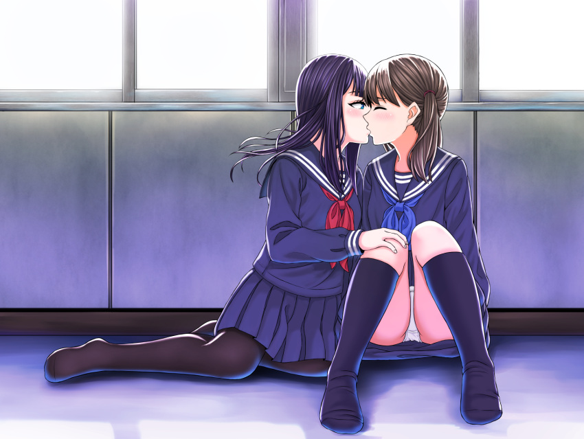 2girls black_hair black_legwear blue_skirt brown_hair closed_eyes hair_tie highres inami_(chiba) inside kiss kneehighs looking_at_another medium_hair multiple_girls panties pantyhose pantyshot pantyshot_(sitting) school_uniform serafuku sitting skirt underwear white_panties window yuri