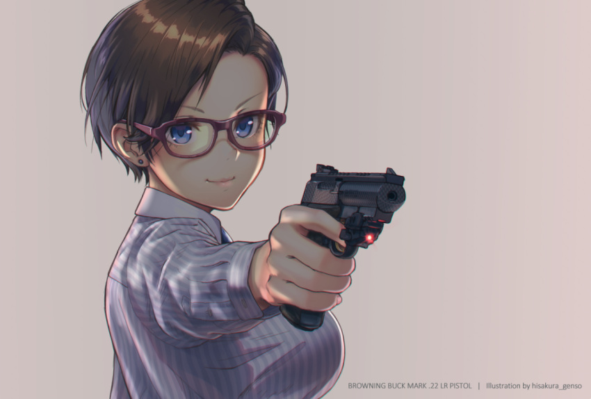 &gt;:) 1girl beige_background blue_eyes breasts brown_hair browning_buck_mark closed_mouth commentary_request dress_shirt earrings finger_on_trigger genso glasses gun handgun holding holding_gun holding_weapon jewelry large_breasts laser_sight long_sleeves looking_at_viewer original pistol red_glasses shirt short_hair signature smile solo striped striped_shirt weapon