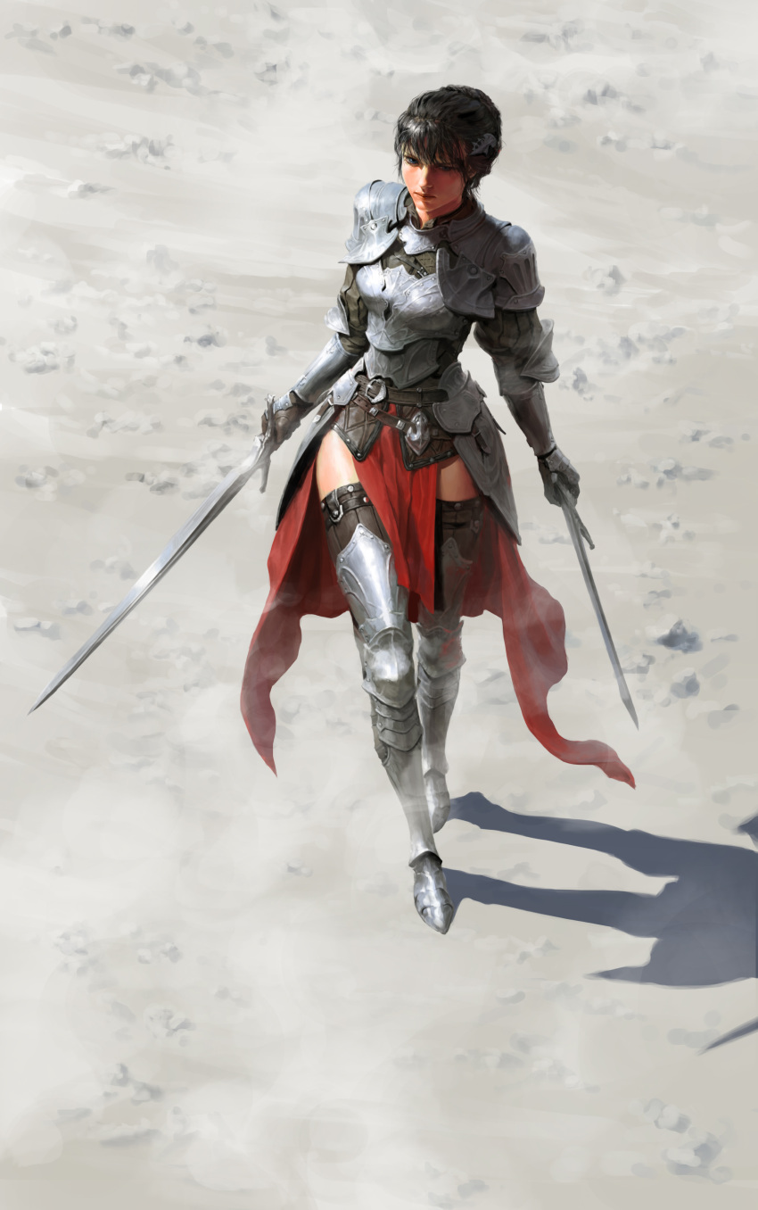 1girl absurdres armor bangs black_hair blue_eyes breastplate dual_wielding faulds from_above full_body greaves hair_ornament highres holding holding_weapon hyunjoong knight leather_suit looking_away negative_space original realistic shadow sword vambraces walking weapon