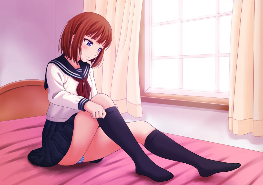 adjusting_clothes adjusting_legwear bed black_legwear black_skirt blue_eyes brown_hair curtains inami_(chiba) inside kneehighs on_bed original panties pantyshot pantyshot_(sitting) school_uniform serafuku sitting skirt striped striped_panties underwear window