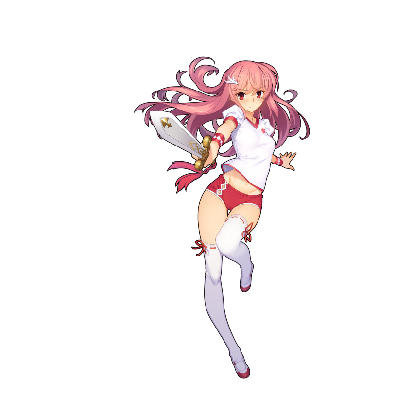 1girl absurdres bangs bare_shoulders blush closed_mouth embarrassed eyebrows_visible_through_hair highres holding holding_sword holding_weapon long_hair looking_at_viewer mary_janes midriff navel official_art pink_hair puffy_short_sleeves puffy_sleeves red_eyes red_shorts sangai_senki shirt shoes short_sleeves shorts simple_background solo standing standing_on_one_leg sword thigh-highs weapon white_background white_legwear white_shirt yangsion