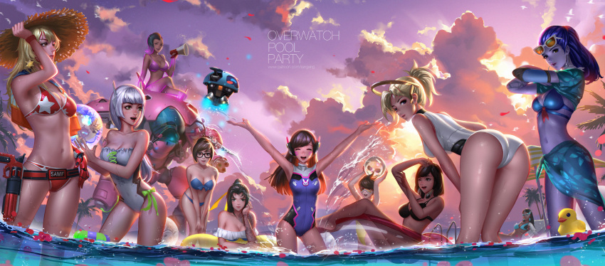 6+girls adapted_costume animal_print ass ball bare_arms beachball bikini bird black_bikini blue_bikini bunny_print casual_one-piece_swimsuit clothes_writing clouds cloudy_sky commentary covered_navel d.va_(overwatch) earrings evening female floating floral_print from_below genderswap genderswap_(mtf) genji_(overwatch) hair_tubes hanzo_(overwatch) highres hoop_earrings innertube jewelry liang_xing mccree_(overwatch) megaphone mei_(overwatch) meka_(overwatch) mercy_(overwatch) multiple_girls navel one-piece_swimsuit outdoors overwatch parasol petals petals_on_water pharah_(overwatch) ponytail pool pool_ladder purple_skin purple_sky robot rubber_duck sarong sitting sky snowball_(overwatch) sombra_(overwatch) splashing sunglasses sunglasses_on_head swimsuit symmetra_(overwatch) tracer_(overwatch) tree umbrella wading whisker_markings white_swimsuit widowmaker_(overwatch)