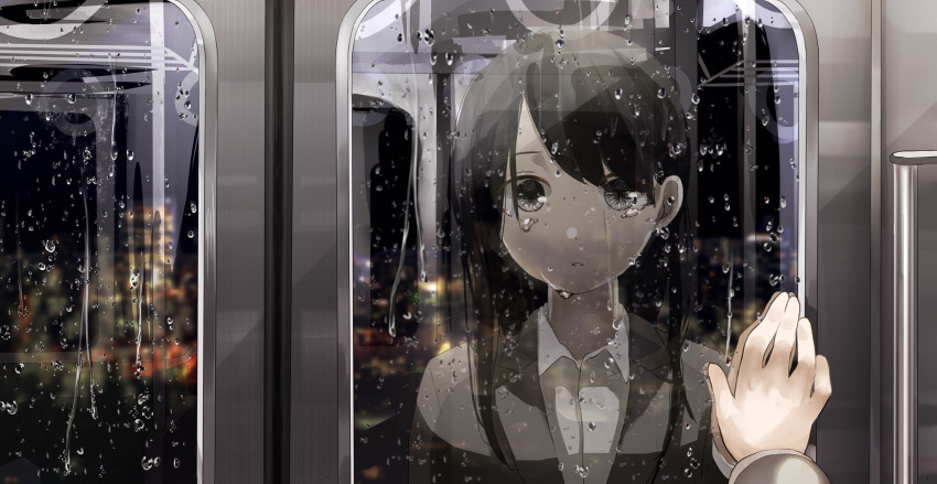 1girl bangs black_hair blazer city collared_shirt dress_shirt female_pov grey_eyes ground_vehicle hand_up highres jacket long_sleeves night original parted_lips pov rain reflection shirt sidelocks solo swept_bangs tears train train_interior upper_body yuzua