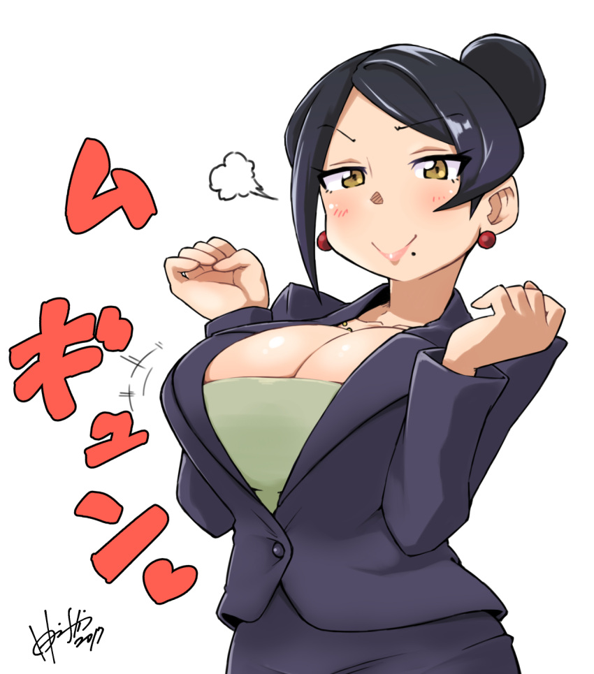 1girl :&gt; bijin_onna_joushi_takizawa-san black_hair blush breasts brown_eyes business_suit cleavage earrings forearms_at_chest formal hair_bun highres hori_shin jewelry large_breasts looking_at_viewer mole mole_under_mouth necklace simple_background skirt smile solo suit takizawa_kyouko white_background wrists_extended