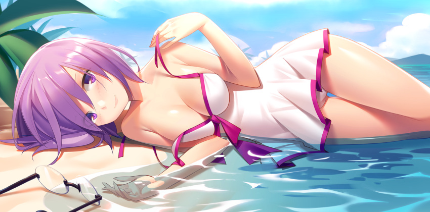 1girl beach blush bow_swimsuit breasts chiiio cleavage dress_swimsuit fate/grand_order fate_(series) glasses glasses_removed hair_over_one_eye large_breasts looking_at_viewer lying ocean on_side one-piece_swimsuit partially_submerged purple_hair rimless_glasses shielder_(fate/grand_order) short_hair solo swimsuit swimsuit_of_perpetual_summer thigh_gap undressing violet_eyes white_swimsuit