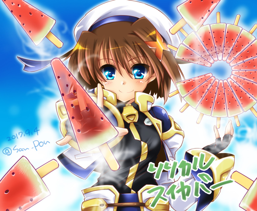 1girl alternate_weapon aura bangs black_gloves black_shirt blue_eyes brown_hair closed_mouth commentary_request dasuto dated eyebrows_visible_through_hair fingerless_gloves floating_object food gloves hair_ornament hat jacket long_sleeves looking_at_viewer lyrical_nanoha magical_girl mahou_shoujo_lyrical_nanoha mahou_shoujo_lyrical_nanoha_a's overskirt popsicle shirt short_hair smile solo standing translated transparent twitter_username upper_body watermelon_bar weapon white_hat white_jacket x_hair_ornament yagami_hayate zipper_pull_tab