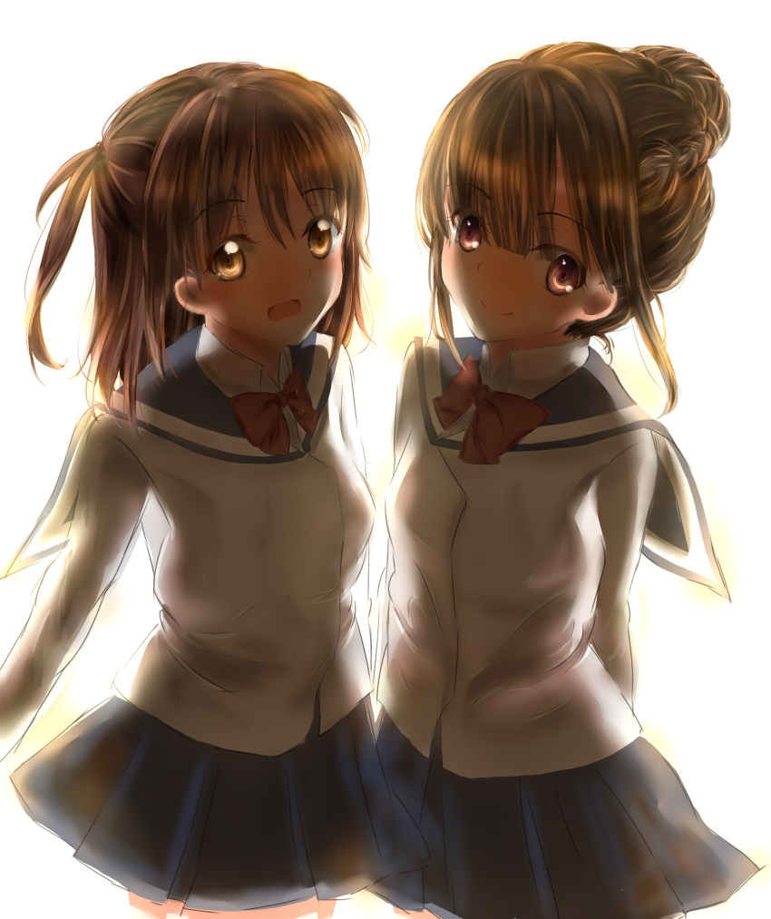 2girls absurdres arms_behind_back bangs bow bowtie braid brown_eyes brown_hair cowboy_shot eyebrows_visible_through_hair hair_bun highres inamura_kyouka long_sleeves looking_at_viewer mizuhara_hayari multiple_girls open_mouth pleated_skirt qallsi red_bow red_bowtie school_uniform shinohayu_the_dawn_of_age sketch skirt smile two_side_up