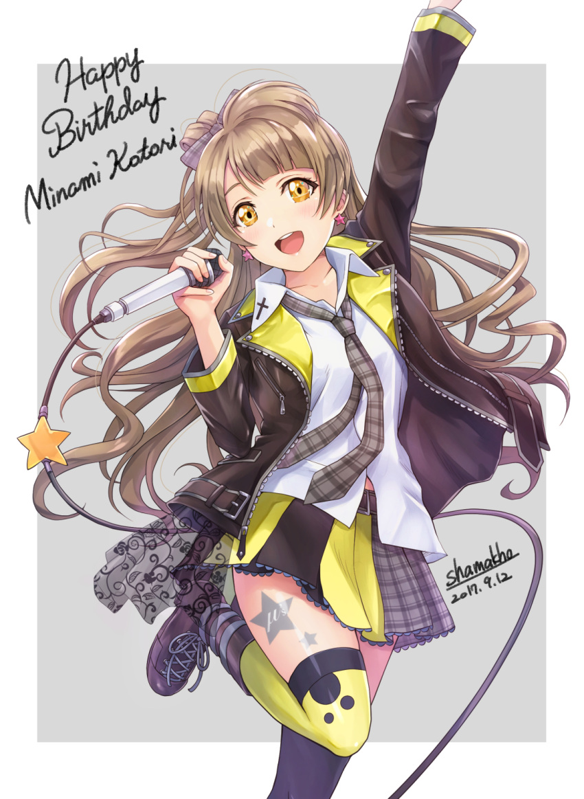 1girl arm_up blush brown_hair happy_birthday highres jacket long_hair looking_at_viewer love_live! love_live!_school_idol_project microphone minami_kotori necktie one_side_up open_mouth smile solo thigh-highs