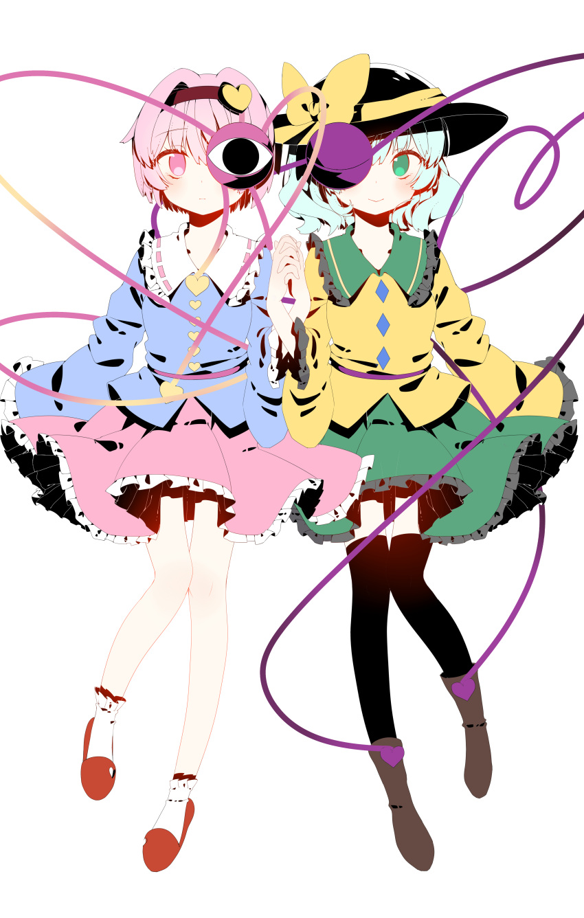 2girls absurdres bare_legs black_hat black_legwear blue_hair blue_shirt bow brown_shoes frilled_skirt frills full_body green_eyes green_skirt hairband hand_holding hat hat_bow heart highres interlocked_fingers komeiji_koishi komeiji_satori long_sleeves looking_at_viewer miniskirt multiple_girls nisha_(pixiv9864862) one_eye_covered pink_eyes pink_hair pink_skirt shirt shoes short_hair siblings simple_background sisters skirt slippers smile socks thigh-highs third_eye touhou white_background white_legwear wide_sleeves yellow_bow yellow_shirt