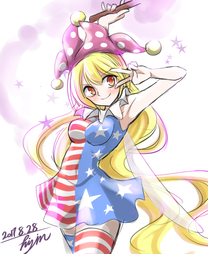 1girl absurdres american_flag_dress american_flag_legwear armpits artist_name blonde_hair blush breasts clownpiece dated fairy_wings hat highres hisin jester_cap long_hair medium_breasts multicolored multicolored_clothes multicolored_legwear neck_ruff orange_eyes signature smile star thigh-highs torch touhou v very_long_hair white_background wings