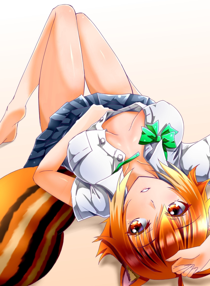 1girl antenna_hair blazblue blush bow bowtie breasts breasts_apart chukachuka erect_nipples feet gradient gradient_background green_bow green_bowtie hand_on_own_head highres large_breasts looking_away lying makoto_nanaya miniskirt multicolored_hair no_bra orange_eyes parted_lips shirt short_hair skirt soles solo squirrel_tail tail thigh_gap two-tone_hair unbuttoned unbuttoned_shirt white_shirt