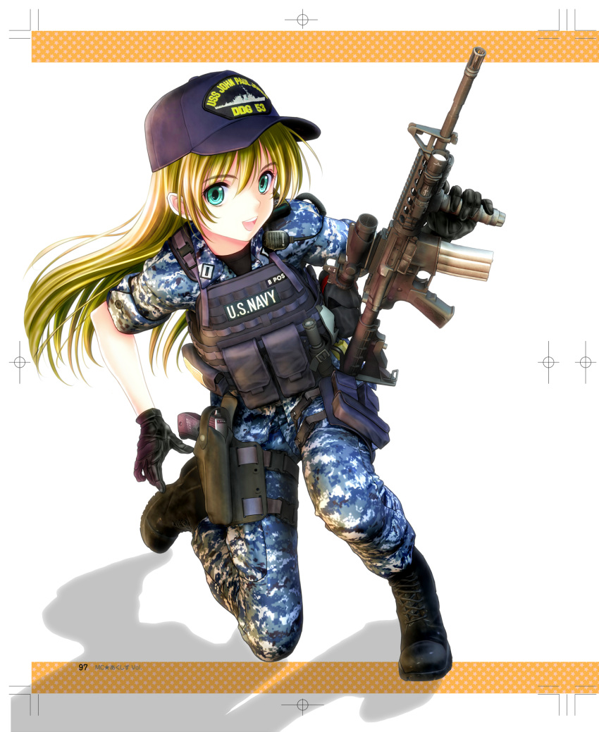 1girl acog assault_rifle baseball_cap blonde_hair boots cyan_eyes digital_camouflage field_radio flashlight gloves gun handgun hat highres holster insignia long_hair m4_carbine military military_hat military_uniform oofuji_reiichirou open_mouth original pistol plate_armor reflex_sight rifle shadow thigh_holster uniform us_navy vertical_foregrip weapon weapon_request