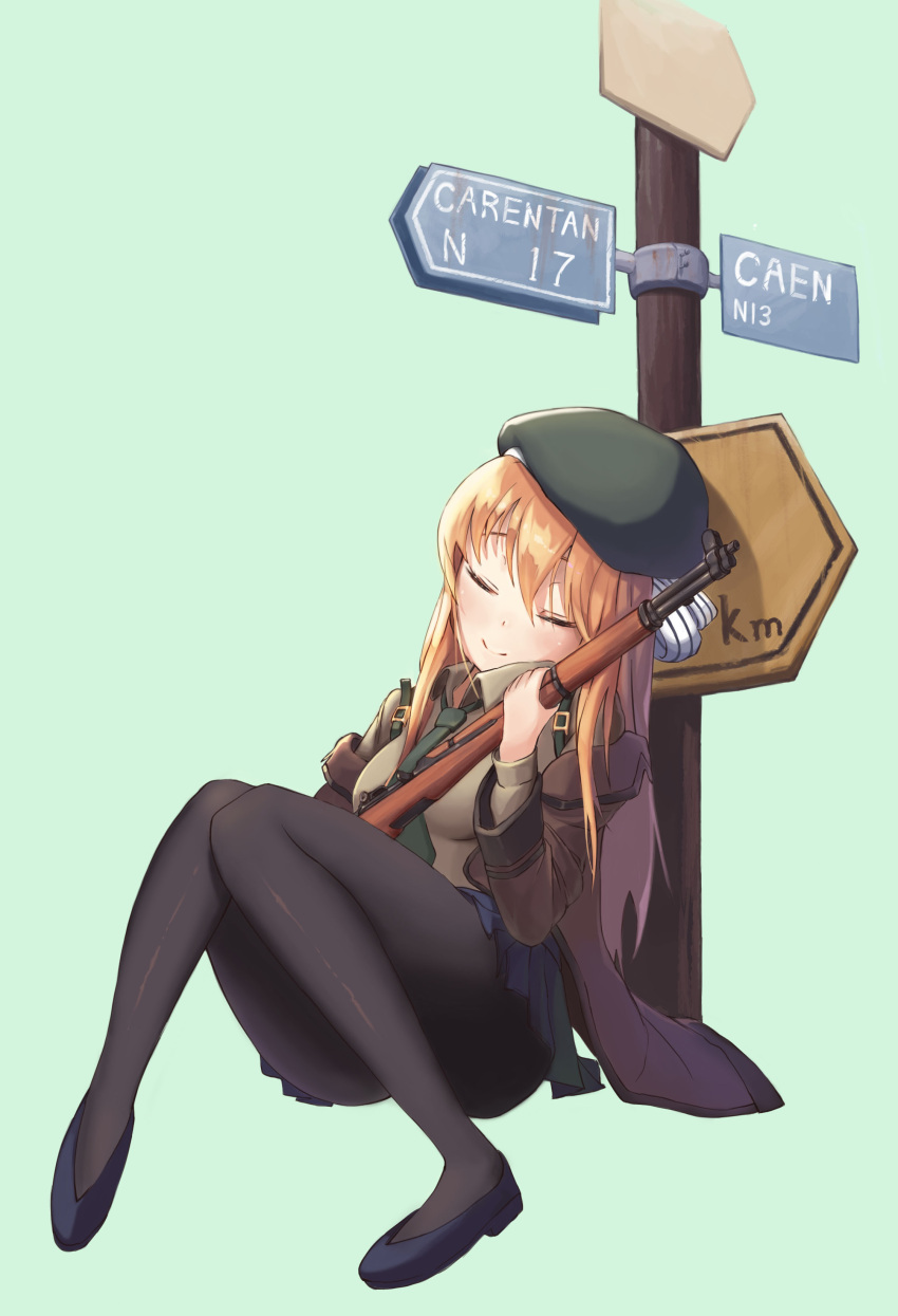1girl absurdres against_sign beret black_legwear black_shoes blue_skirt blush breasts brown_jacket closed_eyes closed_mouth commentary full_body girls_frontline green_background green_hat green_necktie gun hair_between_eyes hat highres holding holding_gun holding_weapon jacket knees_together_feet_apart long_hair m1_garand m1_garand_(girls_frontline) medium_breasts mk1_(m1ssoo) necktie number off_shoulder open_clothes open_jacket pantyhose pleated_skirt rifle shoes signpost simple_background sitting skirt sleeping smile solo weapon