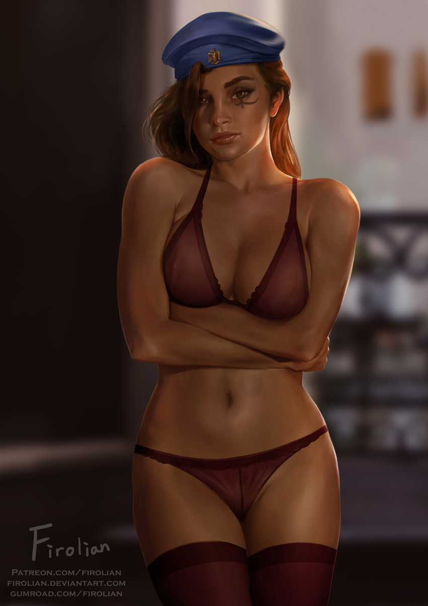 1girl ana_(overwatch) artist_name backlighting beret blurry blurry_background bra breast_hold breasts brown_bra brown_eyes brown_hair brown_legwear brown_panties captain_amari cleavage collarbone cowboy_shot crossed_arms dark_skin facial_mark facial_tattoo firolian hat highres indoors lingerie lips long_hair looking_at_viewer medium_breasts navel nose overwatch panties parted_lips realistic solo tattoo thigh-highs underwear underwear_only watermark web_address younger