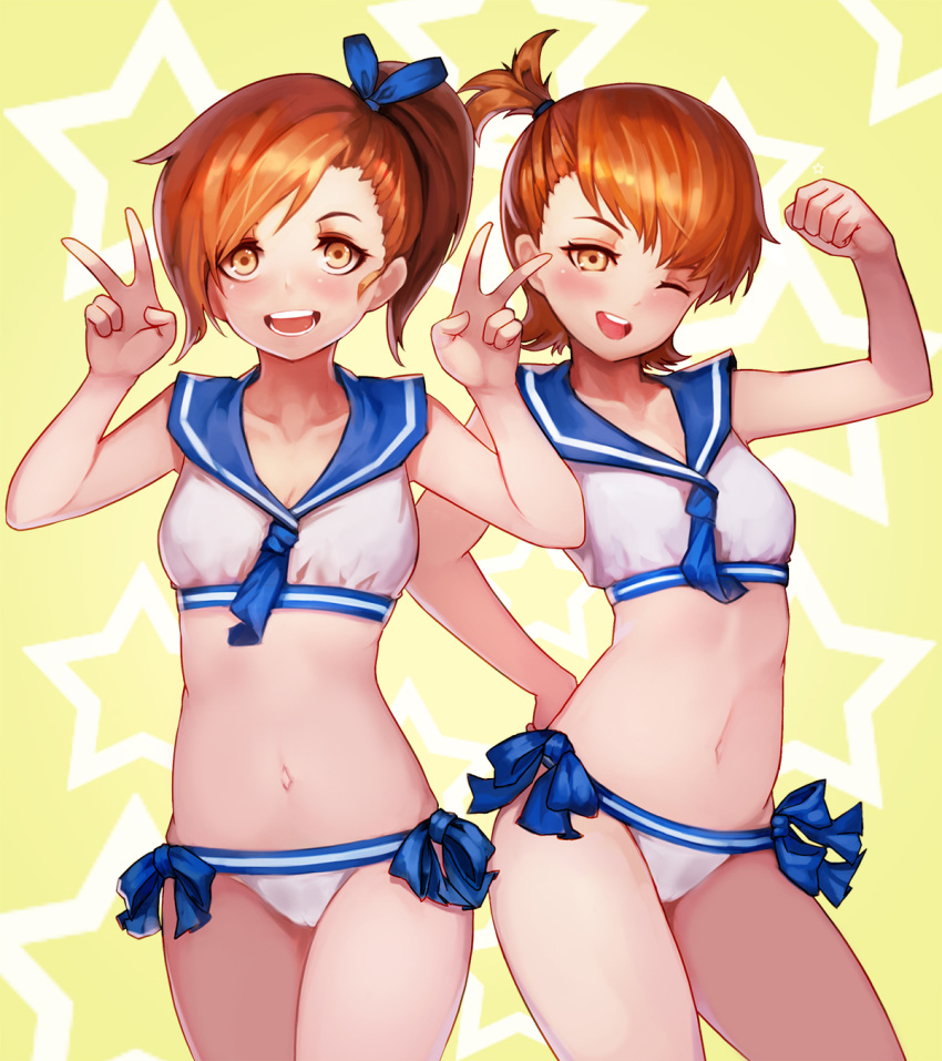 2girls :d ;d bangs brown_eyes brown_hair double_v futami_ami futami_mami hair_bobbles hair_ornament hand_on_hip highres idolmaster kibellin looking_at_viewer multiple_girls navel one_eye_closed open_mouth sailor_swimsuit_(idolmaster) siblings side_ponytail sisters smile twins v