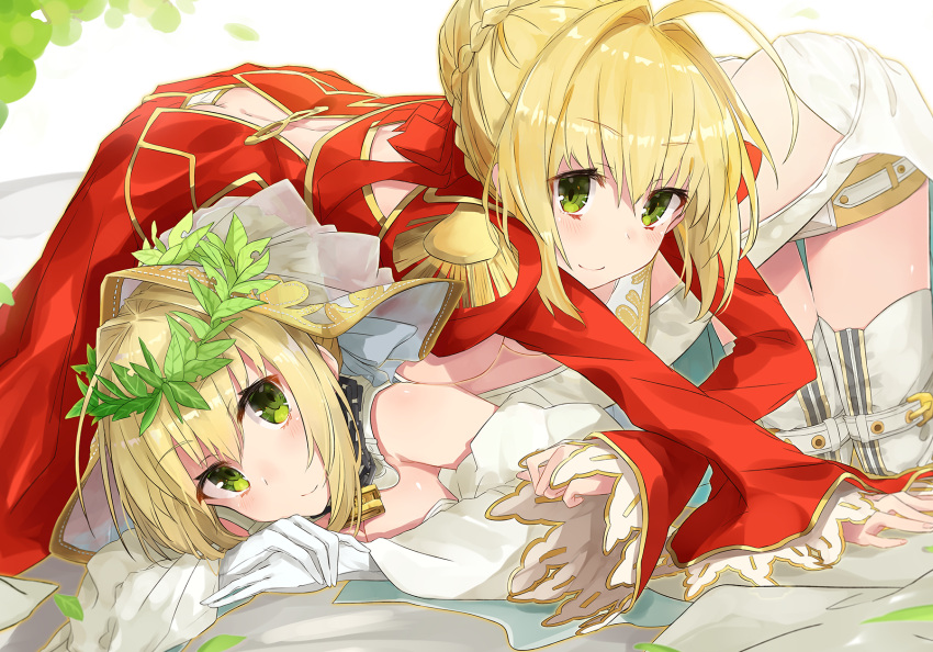 2girls ahoge back_cutout bangs bare_shoulders belt blonde_hair braid breasts bridal_veil chain_necklace cleavage commentary_request detached_collar detached_sleeves dress dual_persona epaulettes eyebrows_visible_through_hair fate/extra fate/extra_ccc fate_(series) french_braid gloves green_eyes hair_bun hair_intakes hair_ribbon head_wreath highres juliet_sleeves lock long_sleeves looking_at_viewer lying lying_on_another multiple_girls nuko_miruku on_stomach open-back_dress puffy_sleeves red_dress red_ribbon ribbon saber_bride saber_extra thighs veil waist white_dress white_gloves white_legwear wide_sleeves zipper