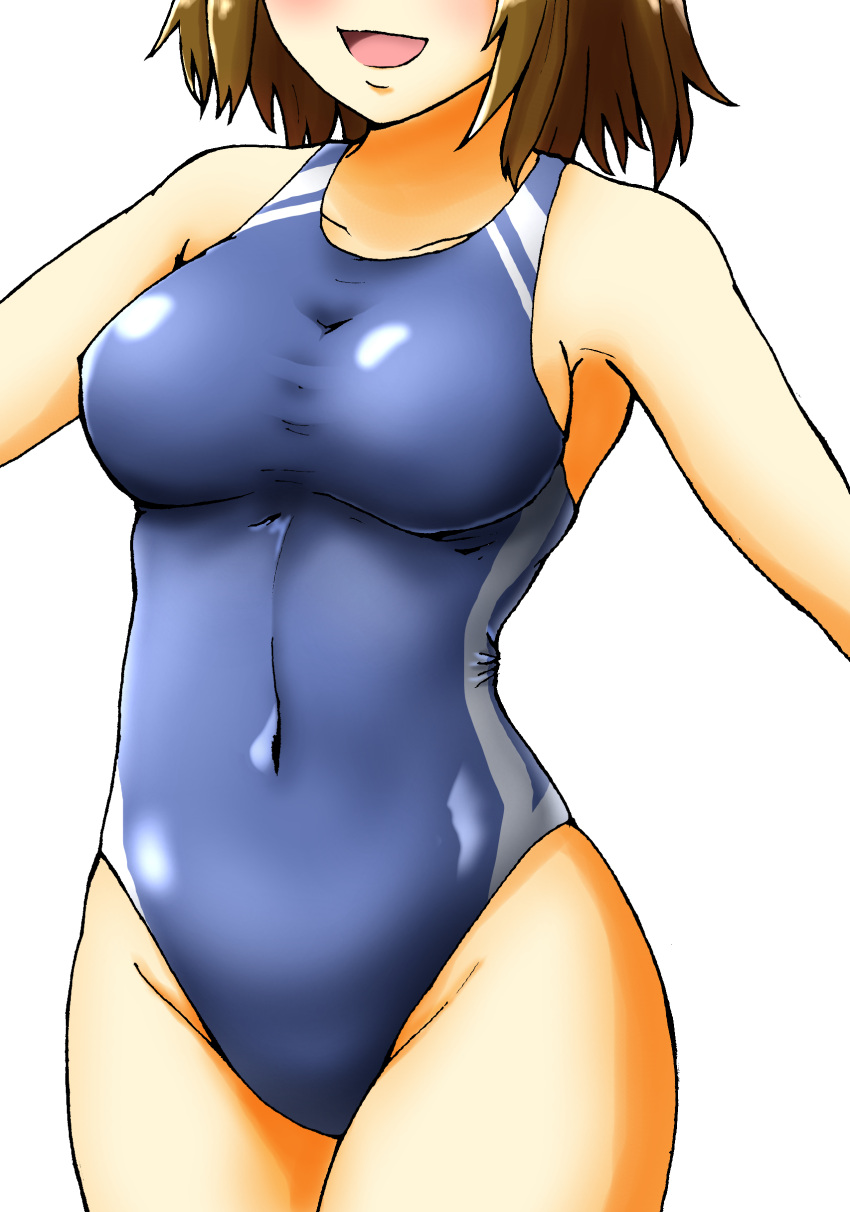 1girl absurdres blue_swimsuit blush breasts brown_hair collarbone competition_swimsuit d-m_(dii_emu) head_out_of_frame highres one-piece_swimsuit open_mouth original short_hair simple_background smile solo swimsuit white_background