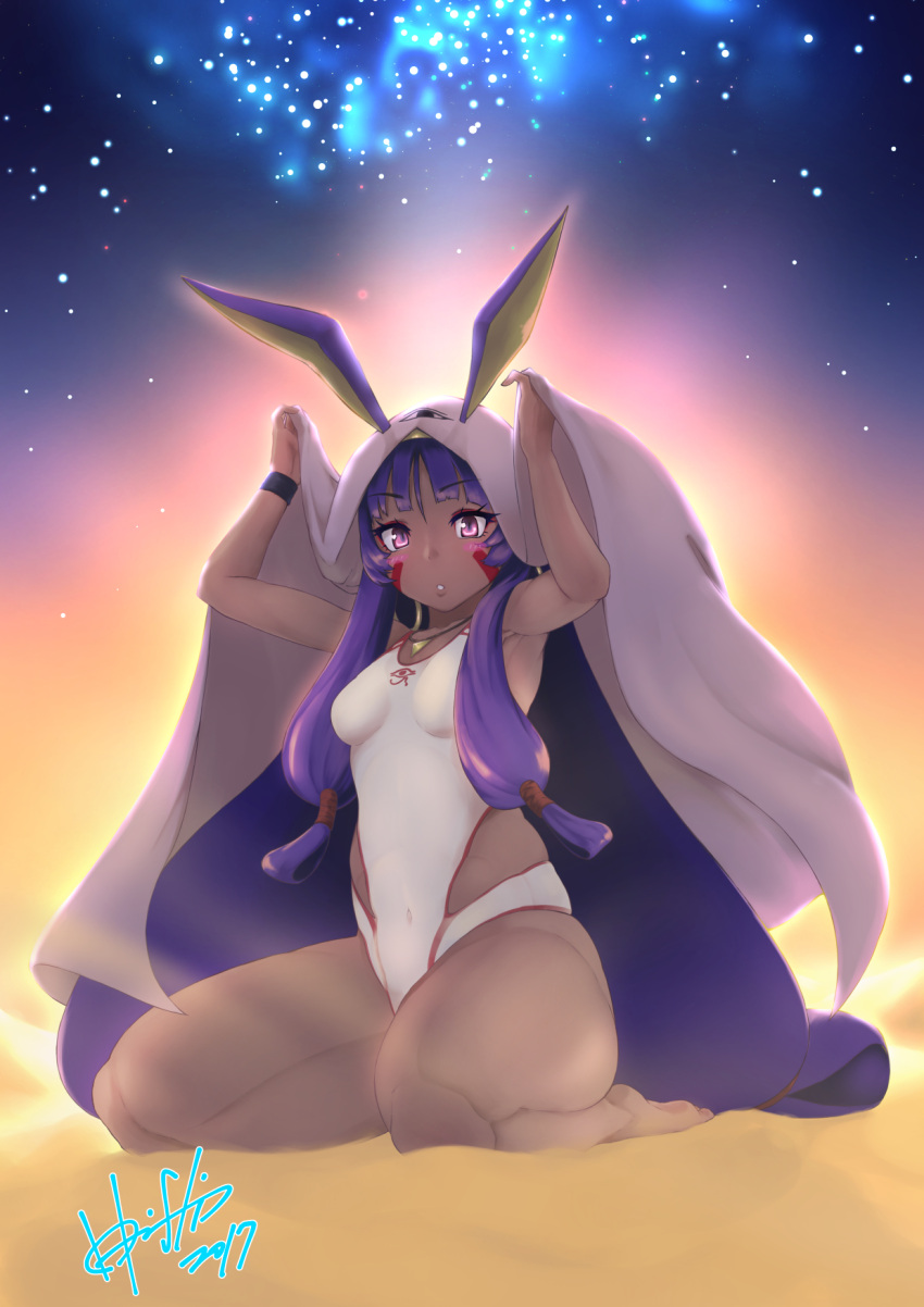 barefoot blush breasts covered_navel dark_skin fate/grand_order fate_(series) highres hori_shin jackal_ears jewelry long_hair looking_at_viewer necklace nitocris_(swimsuit_assassin)_(fate) one-piece_swimsuit purple_hair seiza sitting sky star_(sky) starry_sky swimsuit violet_eyes