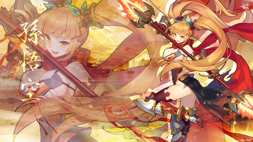 &gt;:d 1girl :d armor ass bangs bare_shoulders black_legwear blonde_hair blunt_bangs boobplate boots breasts character_request highres holding holding_spear holding_weapon knee_boots large_breasts long_hair looking_at_viewer official_art open_mouth pointy_ears polearm red_scarf sangai_senki scarf smile solo spear standing standing_on_one_leg thigh-highs thighhighs_under_boots twintails very_long_hair weapon yangsion yellow_eyes zoom_layer