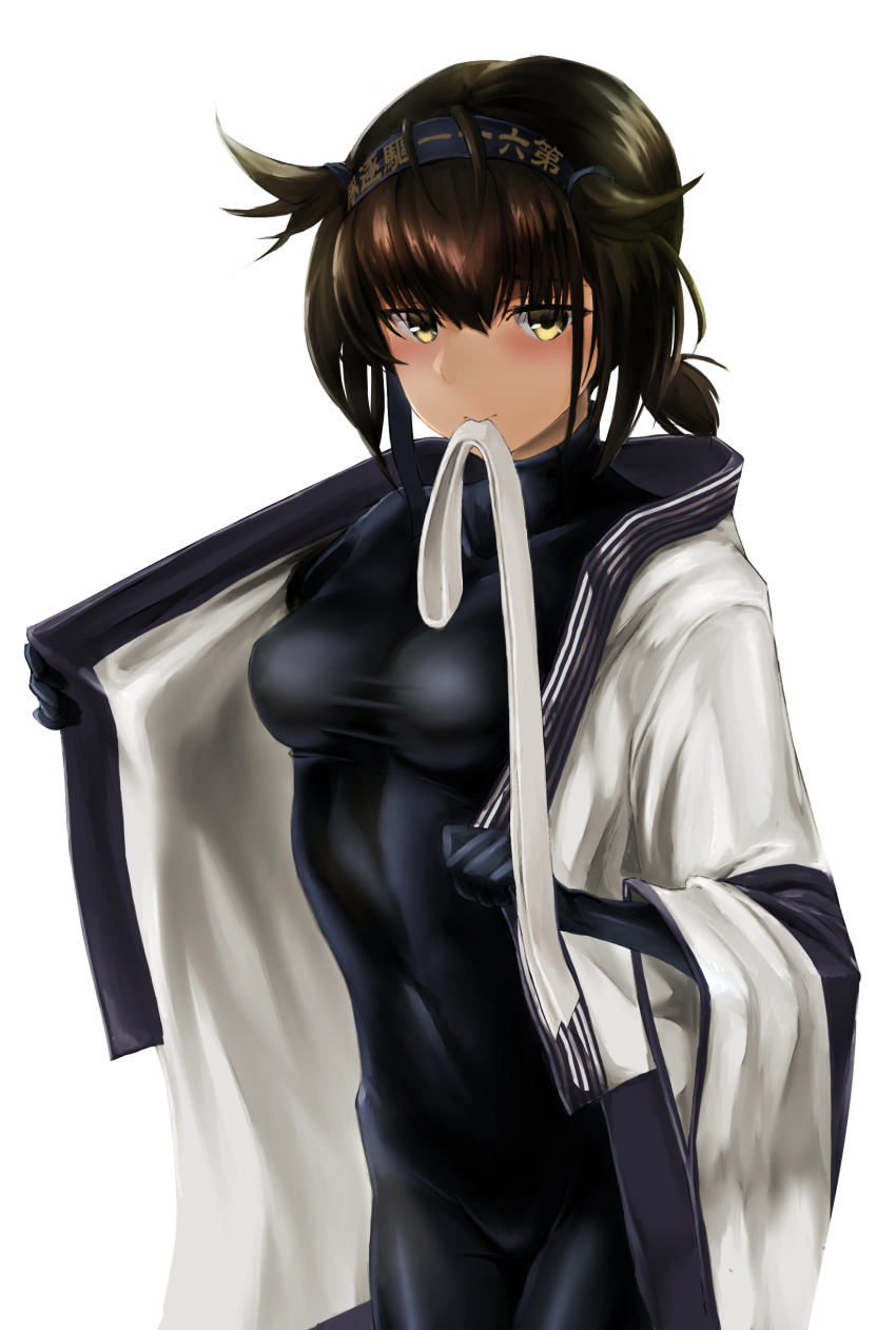1girl absurdres bangs black_hairband blush bodysuit breasts brown_hair clothes_writing covered_navel cowboy_shot dressing groin hairband hatsukaze_(kantai_collection) highres japanese_clothes kantai_collection kimono kokuzoo medium_breasts mouth_hold ponytail short_hair solo white_background yellow_eyes