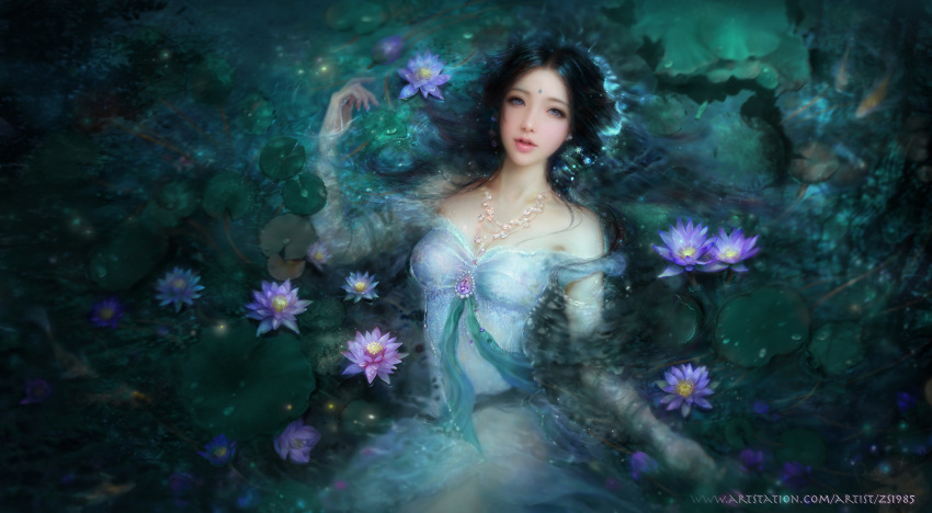 1girl artist_name artstation_username bare_shoulders black_hair dress flower gem grey_eyes hand_up highres jewelry lily_(flower) lily_pad long_hair looking_at_viewer necklace original parted_lips partially_submerged ruoxin_zhang solo