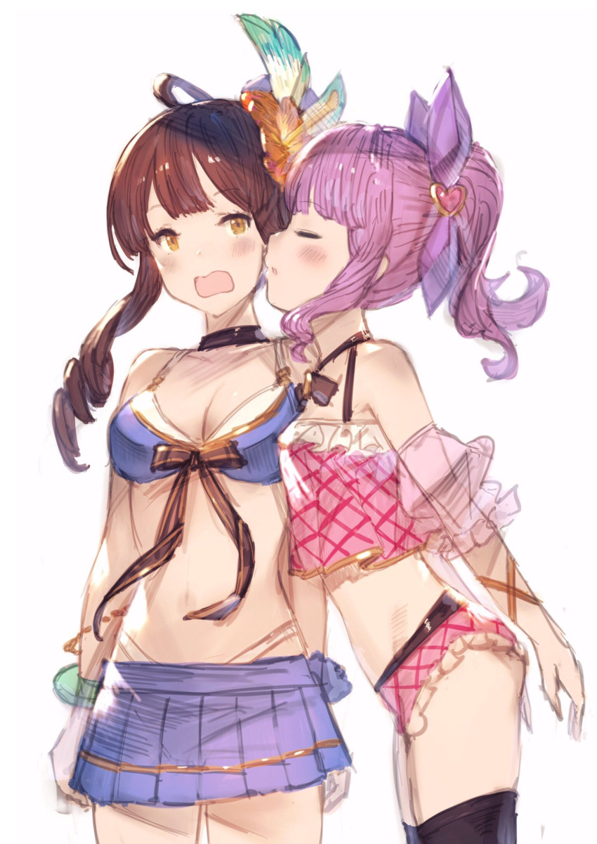 2girls :0 :o arm arm_at_side arm_behind_back arms_behind_back bare_arms bare_legs bare_shoulders bikini black_choker black_legwear blue_skirt blush braid breasts brown_hair cheek_kiss choker cleavage closed_eyes couple diantha_(granblue_fantasy) embarrassed feathers female granblue_fantasy hair_feathers hair_ribbon hanarito highres incipient_kiss kiss lavender_hair legs linaria_(granblue_fantasy) long_hair looking_at_viewer medium_breasts midriff multiple_girls navel neck open_mouth pleated_skirt ponytail ribbon see-through short_hair shy skirt small_breasts standing swimsuit thigh-highs wavy_mouth white_background yellow_eyes yuri