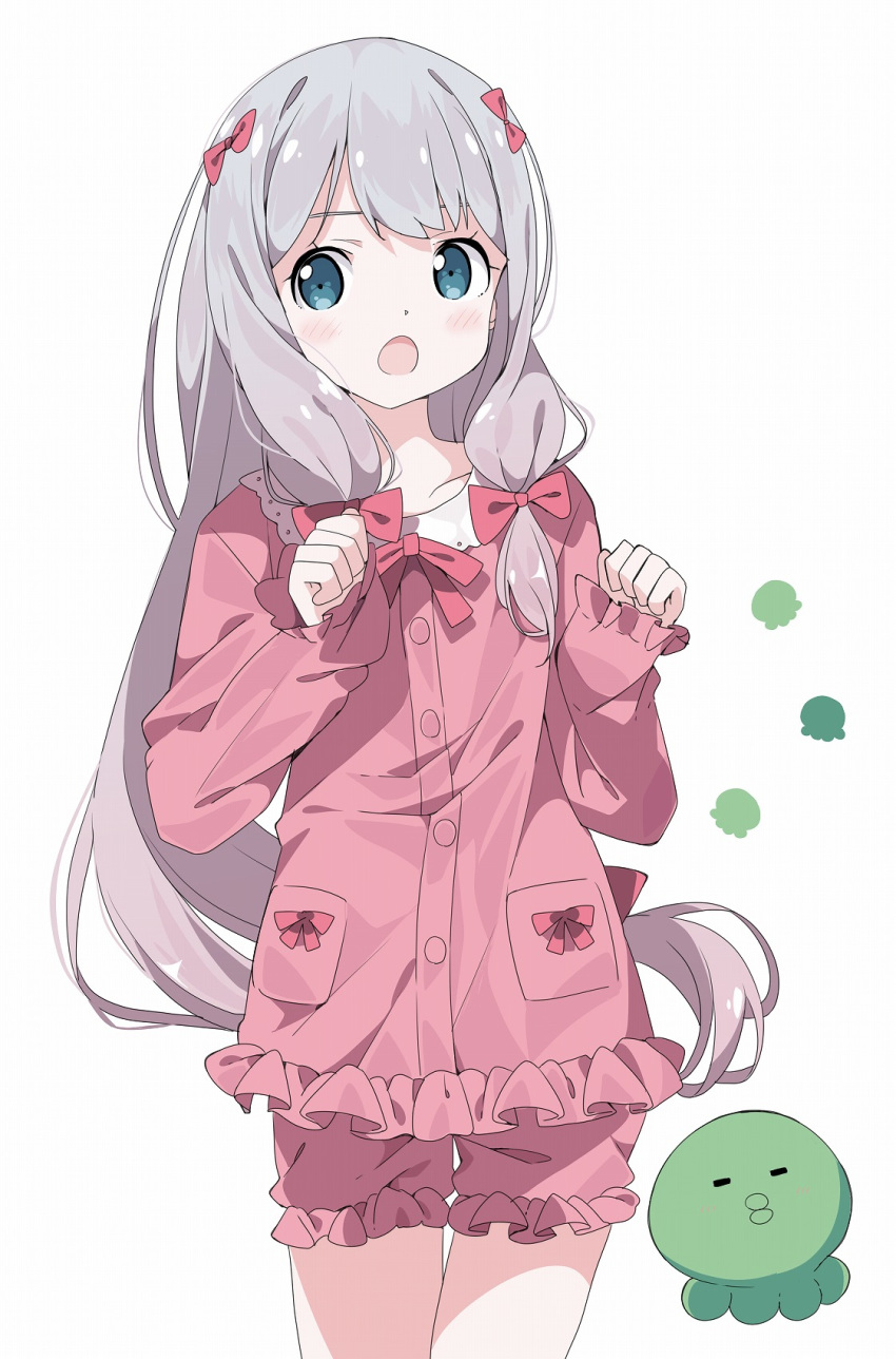 1girl :o bangs blue_eyes blush bow commentary_request eromanga_sensei eyebrows_behind_hair frilled_shirt frilled_shorts frills hair_bow hands_up highres izumi_sagiri long_hair long_sleeves looking_at_viewer open_mouth pink_shirt pink_shorts red_bow shirt short_shorts shorts sidelocks silver_hair simple_background sleeves_past_wrists solo stuffed_animal stuffed_octopus stuffed_toy tantan_men_(dragon) very_long_hair white_background