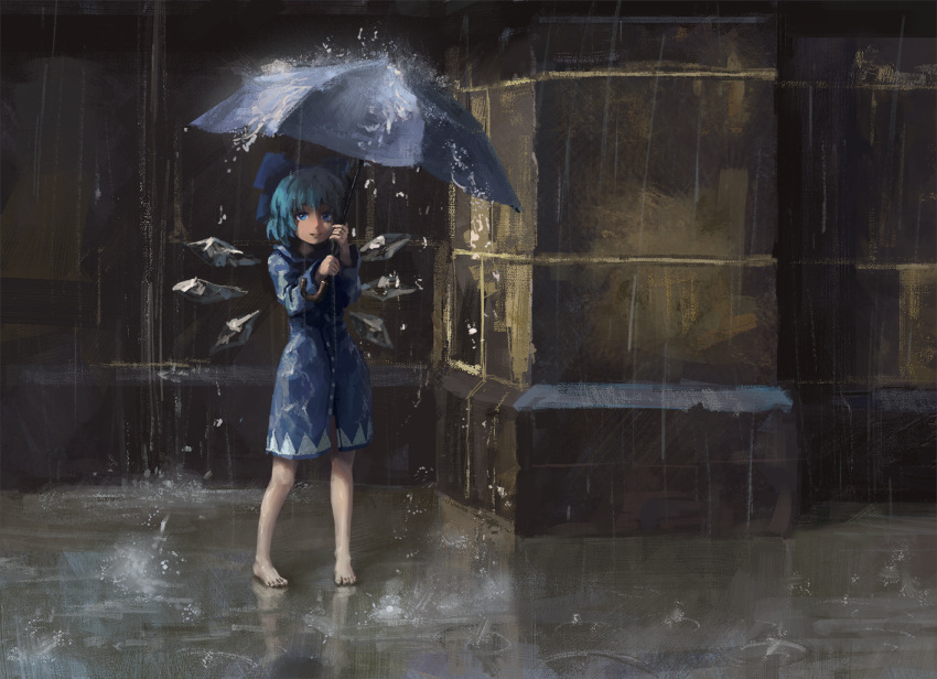 1girl adapted_costume bare_legs barefoot blue_eyes blue_hair bow cirno full_body hair_bow hands_up holding holding_umbrella hood hood_down ice ice_wings long_sleeves looking_at_viewer outdoors rain raincoat reddizen short_hair smile solo touhou umbrella wall water wings