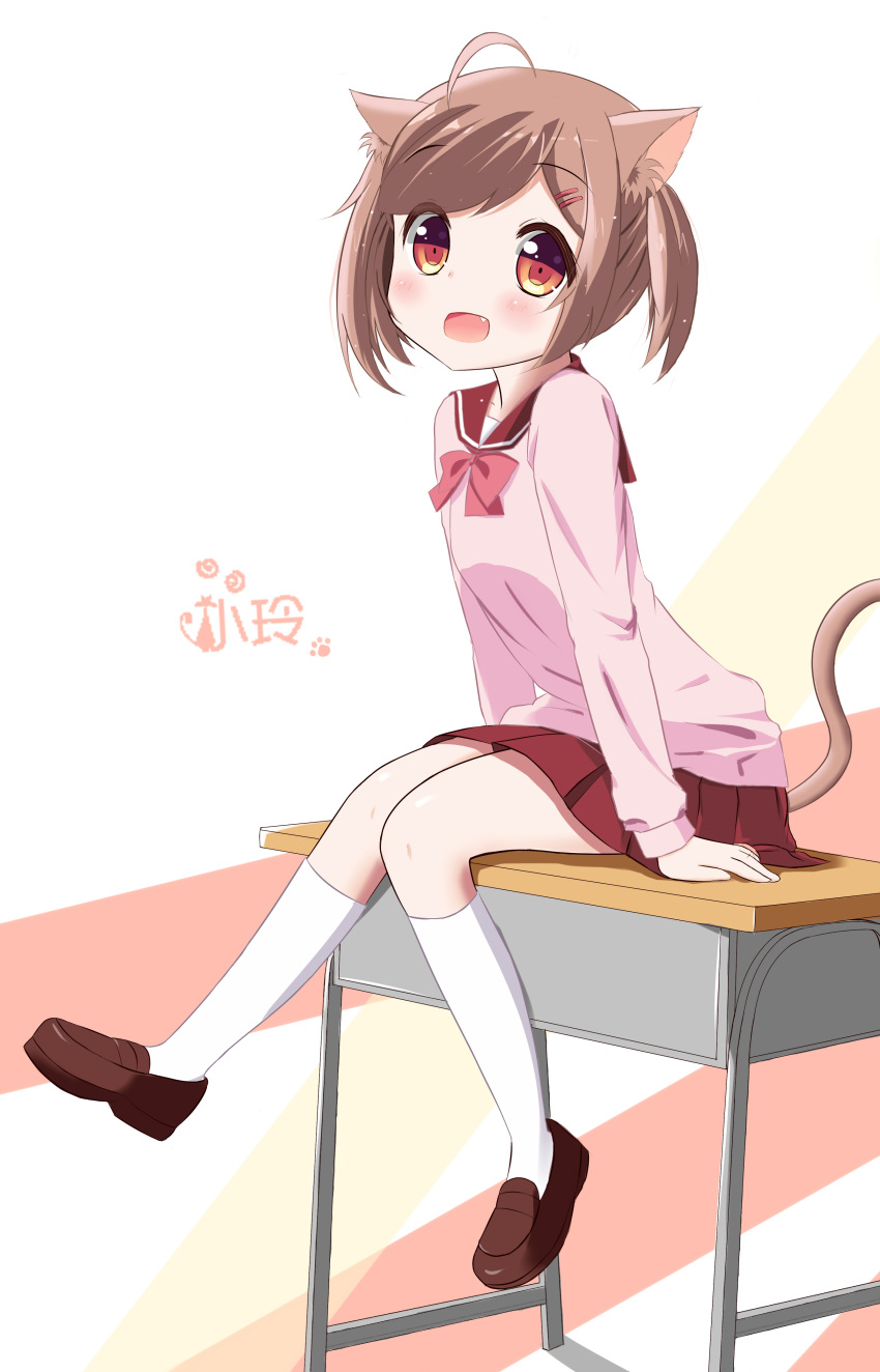 1girl :d absurdres ahoge animal_ears arm_support bangs blush brown_shoes cat_ears cat_girl cat_tail commentary_request desk eyebrows_visible_through_hair fang foot_dangle full_body hair_ornament hairclip head_tilt highres kneehighs leaning_forward loafers long_sleeves looking_at_viewer on_desk open_mouth orange_eyes original paw_print pink_shirt pleated_skirt red_skirt school_desk school_uniform serafuku shirt shoes short_hair short_twintails signature simple_background sitting sitting_on_desk skirt smile solo tail tareme twintails white_legwear xiaosamiao