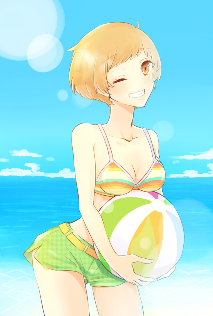 1girl ;) atlus ball beachball bikini bikini_shorts bikini_top blue_sky breasts brown_eyes chiri+ cleavage cute green_shorts highres holding holding_ball lens_flare looking_at_viewer medium_breasts megami_tensei ocean one_eye_closed parted_lips persona persona_4 satonaka_chie short_hair short_shorts shorts sky smile standing wink