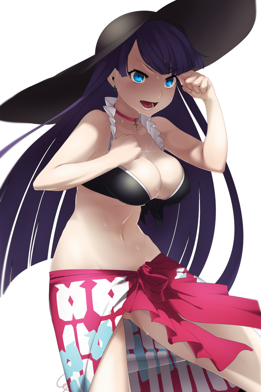&gt;:d 1girl :d arms_up bangs bikini_top black_bikini_top blue_eyes breasts choker cleavage clenched_hands contrapposto cowboy_shot earrings fate/grand_order fate_(series) frill_trim gluteal_fold hat highres jewelry large_breasts long_hair navel open_mouth purple_hair rosary saint_martha saint_martha_(swimsuit_ruler)_(fate) sarong shimomoto simple_background smile solo sparkle sun_hat sweat very_long_hair white_background