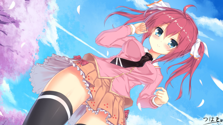 1girl ahoge artist_name bangs black_legwear black_necktie blue_eyes blue_sky blush breasts brown_skirt cherry_blossoms closed_mouth clouds commentary_request condensation_trail day dutch_angle eyebrows_visible_through_hair from_below gluteal_fold hair_between_eyes hair_ribbon hands_up heart highres holding holding_hair liuqin long_hair long_sleeves looking_at_viewer medium_breasts mengjing_xia_de_yueding necktie outdoors petals petticoat pink_shirt pleated_skirt red_ribbon redhead ribbon shiny shiny_hair shirt signature skirt sky smile solo standing thigh-highs thighs tree twintails white_ribbon wind yi_(sad55566777)