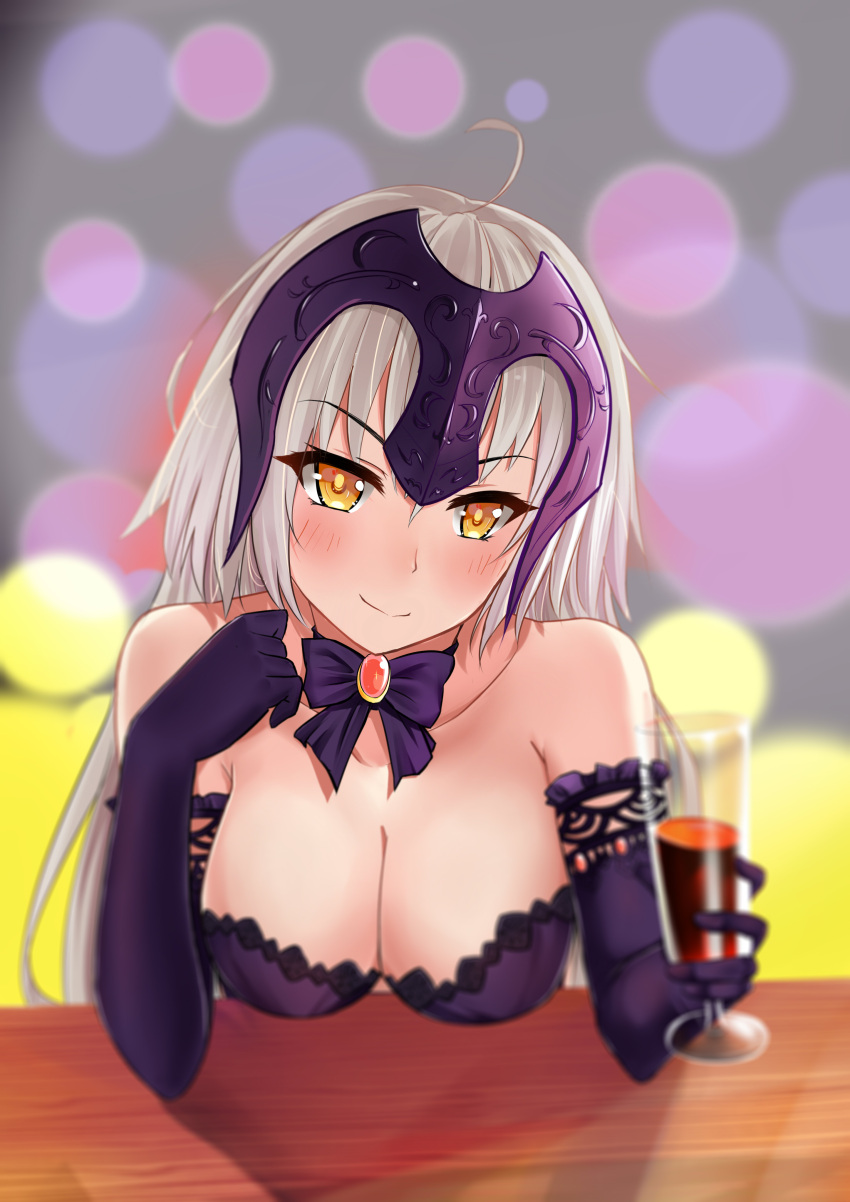 1girl absurdres ahoge alcohol bare_shoulders blush bow breast_rest breasts choker cleavage cup dress drinking_glass elbow_gloves fate/grand_order fate_(series) gloves head_tilt headpiece highres jeanne_alter large_breasts long_hair looking_at_viewer purple_dress purple_gloves ruler_(fate/apocrypha) smile solo strapless strapless_dress white_hair wine_glass xiao_bing_qiaokeli yellow_eyes