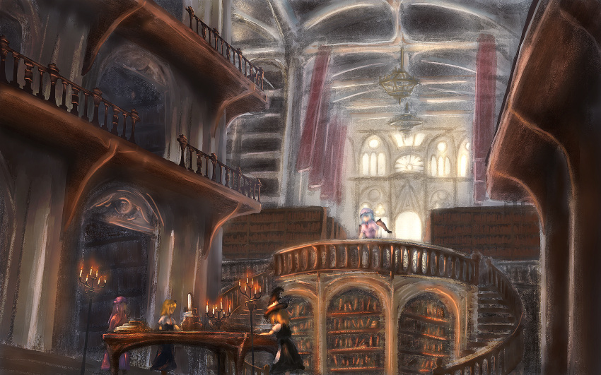 4girls alice_margatroid banner bat_wings black_skirt black_vest blonde_hair blouse blue_dress bookshelf candle candlestand capelet ceiling chandelier day dress faux_traditional_media flying_buttress from_side hat highres indoors kirisame_marisa lfacras library long_hair mob_cap multiple_girls patchouli_knowledge pink_blouse puffy_short_sleeves puffy_sleeves purple_hair railing remilia_scarlet robe short_hair short_sleeves skirt skirt_set stairs standing table touhou vest voile window wings witch_hat