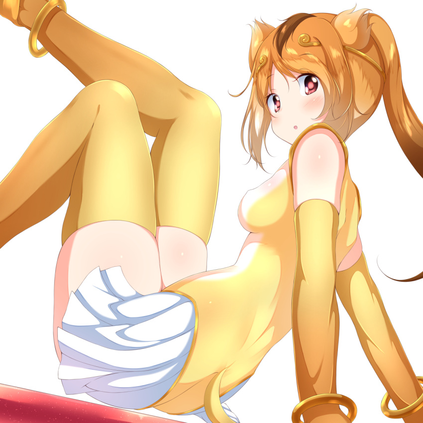 1girl :o anklet bangle blush bracelet brown_hair circlet elbow_gloves from_side gloves golden_snub-nosed_monkey_(kemono_friends) highres jewelry kemono_friends long_hair long_ponytail looking_at_viewer miniskirt monkey_tail numpopo pleated_skirt red_eyes skirt sleeveless solo tail thigh-highs white_skirt yellow_gloves yellow_legwear zettai_ryouiki