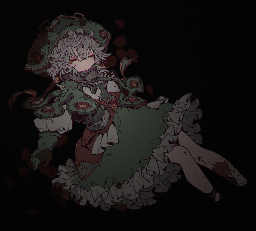 1girl :/ black_background blood blood_splatter bloody_clothes closed_eyes closed_mouth dress from_side full_body gloves green_dress green_gloves green_hat grey_hair hat highres iralion made_in_abyss prushka solo
