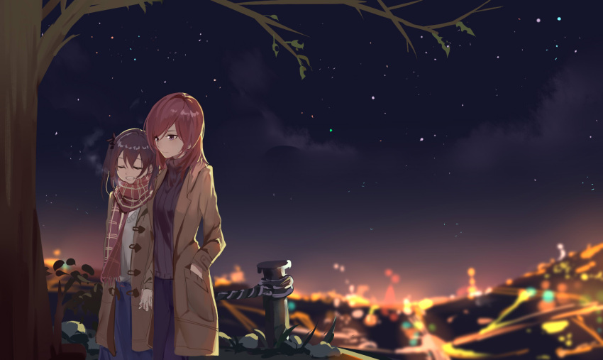 2girls black_hair black_ribbon black_skirt brown_coat brown_eyes closed_eyes coat hair_ribbon hand_holding hand_in_pocket highres interlocked_fingers love_live! love_live!_school_idol_project multiple_girls nishikino_maki outdoors red_scarf redhead ribbon scarf short_hair skirt sky star_(sky) starry_sky tree twintails yazawa_nico