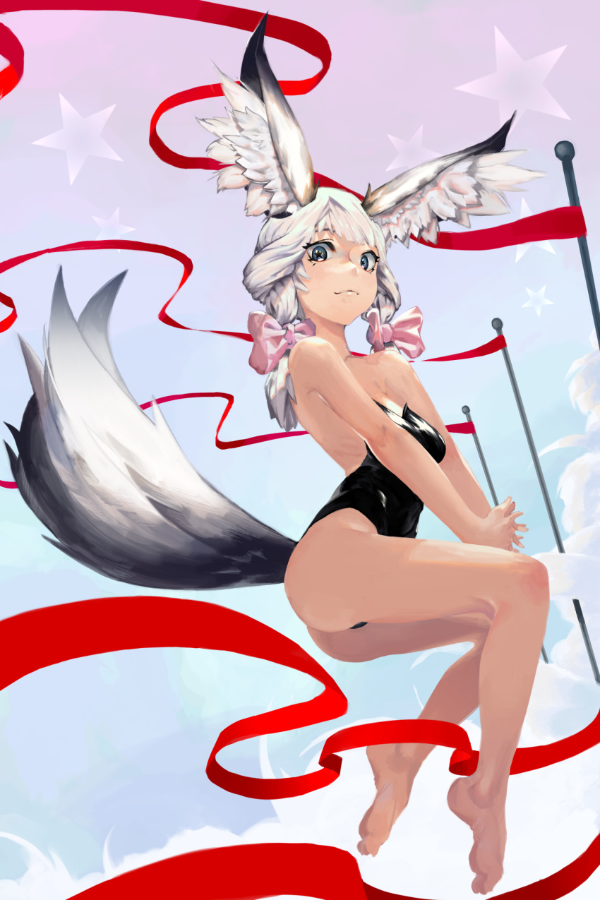 absurdres ass bare_shoulders barefoot blade_&amp;_soul blue_eyes breasts head_wings highres long_hair looking_at_viewer smile star star-shaped_pupils symbol-shaped_pupils tail tok white_hair
