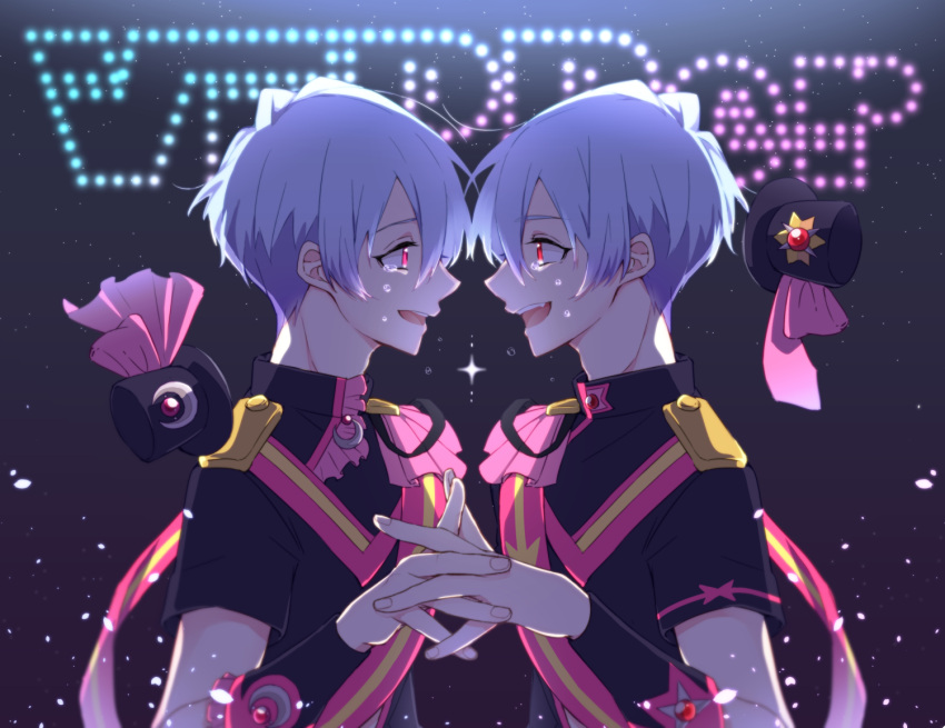 2boys beppu_akihiko beppu_haruhiko binan_koukou_chikyuu_bouei-bu_love! hand_holding idol interlocked_fingers magical_boy male_focus multiple_boys pink_eyes red_eyes smile tearing_up