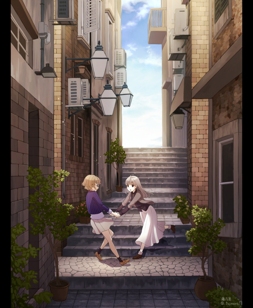 2girls :d :o balcony black_eyes black_legwear black_shirt blonde_hair blue_shirt blue_sky brick_wall brown_shoes city clouds cloudy_sky commentary_request day door flower fujino_iro grey_hair grey_jacket grey_skirt hand_holding highres house jacket lamp long_hair long_skirt long_sleeves multiple_girls open_clothes open_jacket open_mouth outdoors parted_lips pillarboxed plant playing pleated_skirt potted_plant road running scenery shirt shoes short_hair signature skirt sky smile socks stairs standing street striped striped_shirt tree twitter_username white_legwear white_skirt window