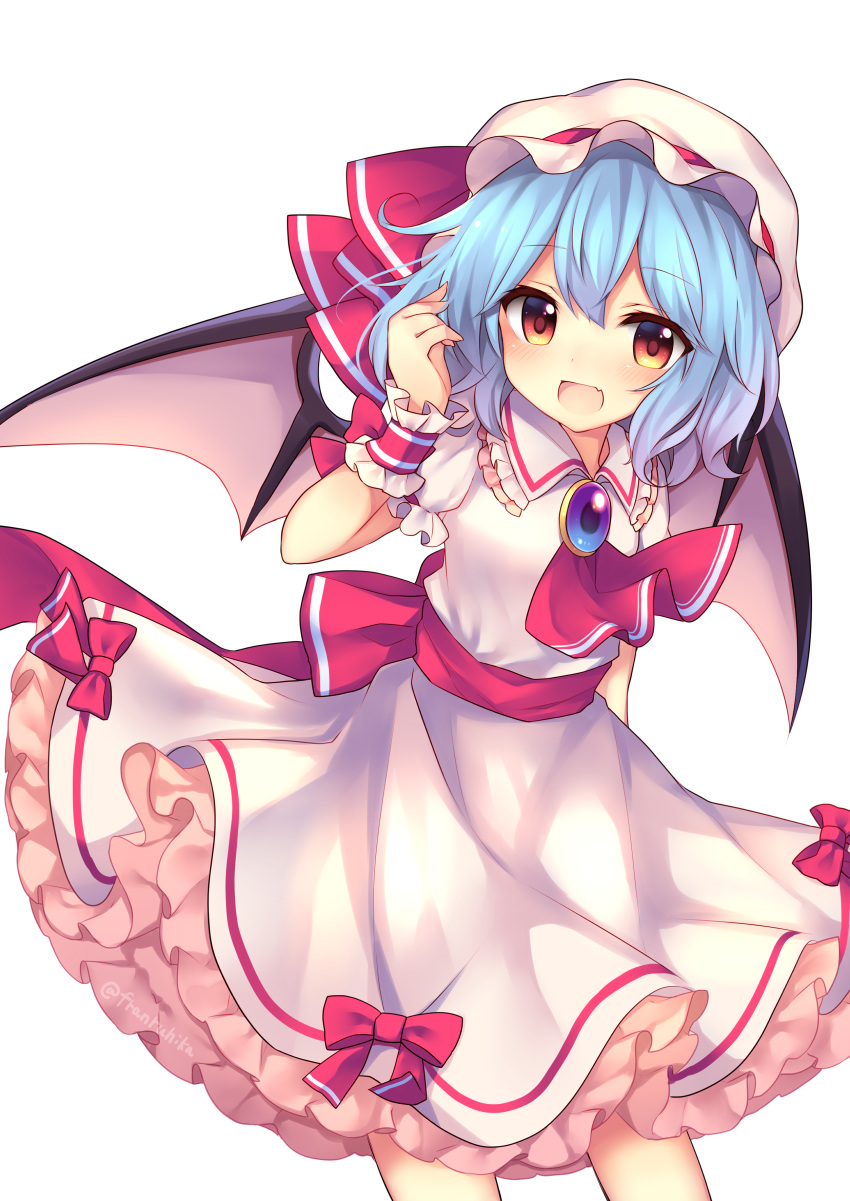 1girl :d absurdres ascot bangs bat_wings black_wings blue_hair blush bow brooch collared_shirt eyebrows_visible_through_hair fang frilled_shirt frilled_shirt_collar frilled_sleeves frills gradient_eyes hair_between_eyes hand_in_hair hand_up hat hat_ribbon highres jewelry looking_at_viewer mob_cap multicolored multicolored_eyes open_mouth petticoat puffy_short_sleeves puffy_sleeves red_bow red_eyes red_ribbon remilia_scarlet ribbon ruhika sash shirt short_hair short_sleeves simple_background skirt smile solo standing touhou twitter_username white white_background white_hat white_shirt white_skirt wings wrist_cuffs yellow_eyes