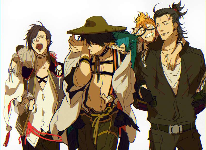 6+boys akashi_kuniyuki barefoot black_hair blue_hair child collarbone facial_hair glasses goggles grin haori hat ima-no-tsurugi japanese_clothes jumpsuit mad369 male_focus multicolored_hair multiple_boys nagasone_kotetsu nihongou_(touken_ranbu) orange_hair piggyback pom_pom_(clothes) purple_hair sayo_samonji shirtless smile stubble touken_ranbu urashima_kotetsu walking yawning younger