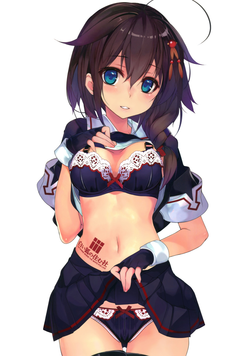 1girl absurdres ahoge black_bra black_gloves black_panties blue_eyes blush body_writing bow bow_bra bow_panties bra breast_suppress breasts brown_hair cleavage cowboy_shot fingerless_gloves gloves hair_between_eyes hair_flaps hair_ornament hair_over_shoulder hand_on_own_chest highres kantai_collection lace lace-trimmed_bra medium_breasts midriff navel panties parted_lips remodel_(kantai_collection) scan shigure_(kantai_collection) shirokitsune shirt_lift short_sleeves simple_background skirt skirt_lift solo thigh-highs underwear white_background