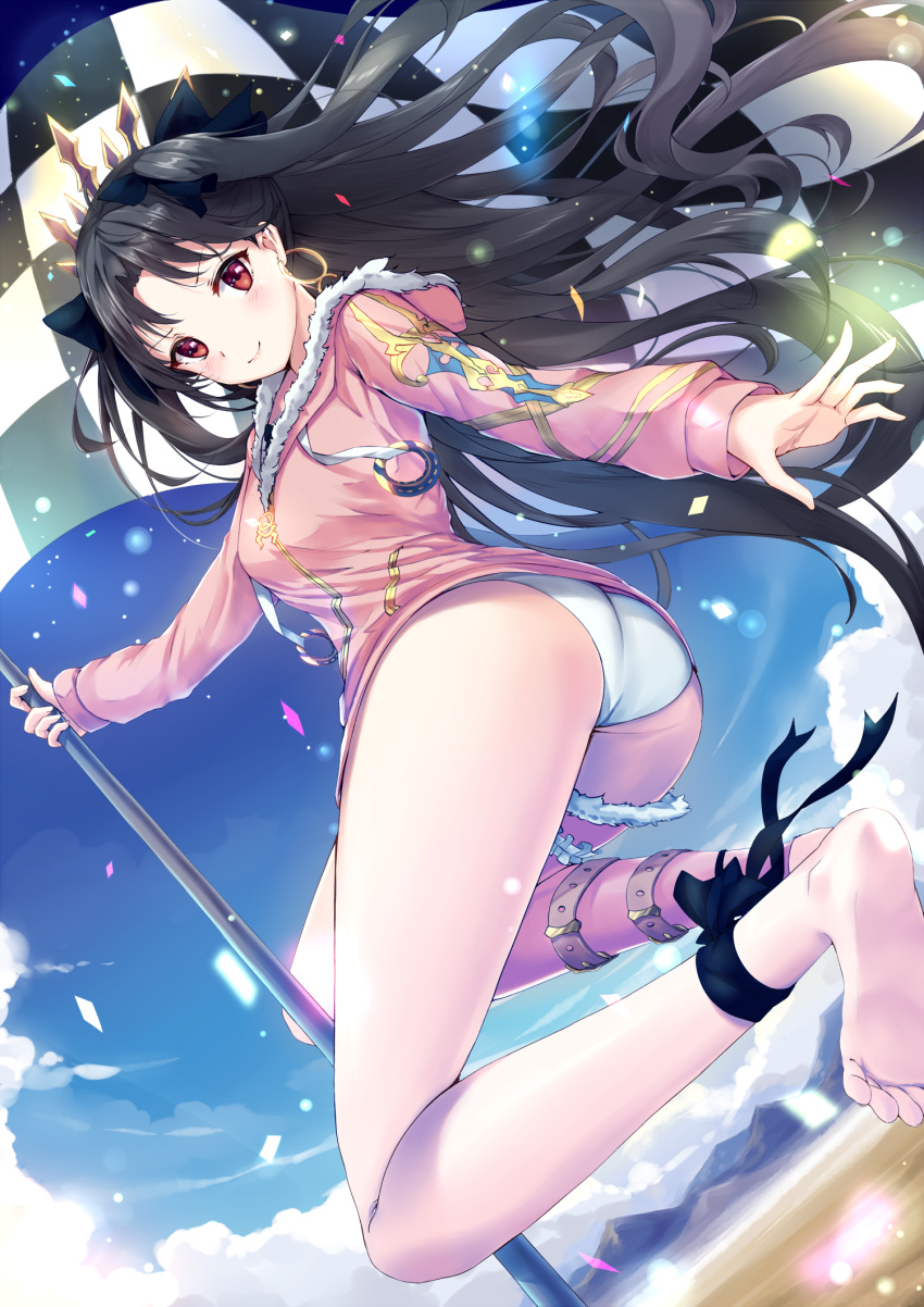 1girl ass bangs barefoot black_hair blush checkered checkered_flag closed_mouth dutch_angle fate/grand_order fate_(series) flag floating_hair fur_trim highres holding holding_flag hood hoodie ishtar_(fate/grand_order) ishtar_(swimsuit_rider)_(fate) long_hair looking_at_viewer looking_back parted_bangs pdxen red_eyes sidelocks smile solo swimsuit thighs tohsaka_rin twisted_torso two_side_up white_swimsuit