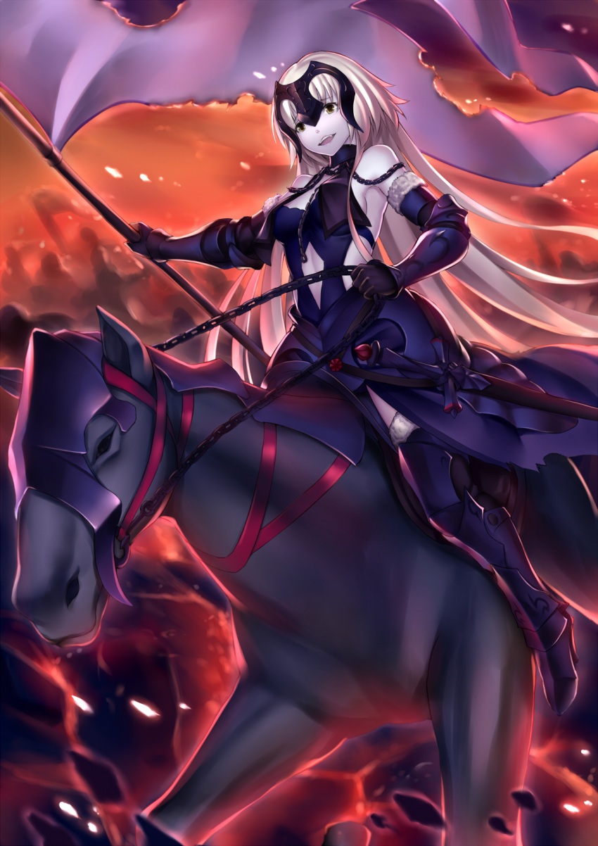 1girl armor armored_boots banner black_boots black_gloves black_legwear boots breasts chains elbow_gloves fate/grand_order fate_(series) floating_hair gloves highres holding holding_weapon horse jeanne_alter long_hair medium_breasts open_mouth pak_ce riding ruler_(fate/apocrypha) sideboob silver_hair smile solo thigh-highs thigh_boots very_long_hair weapon