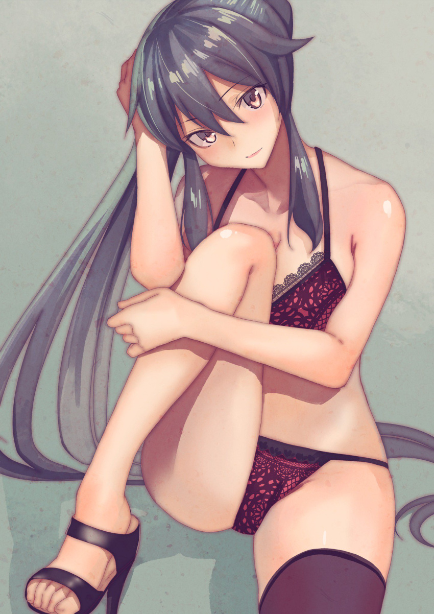 1girl alternate_footwear bare_legs black_hair black_legwear black_shoes blush bra breasts brown_eyes cleavage closed_mouth collarbone grey_background hair_between_eyes hand_on_head hand_on_own_knee head_tilt high_heels highres kantai_collection knee_up lace lace-trimmed_bra large_breasts leg_hold leg_up long_hair looking_at_viewer masukuza_j panties pink_bra pink_panties ponytail purple_bra purple_panties sandals shoes sidelocks single_thighhigh sitting skindentation smile solo thigh-highs underwear underwear_only very_long_hair yahagi_(kantai_collection)