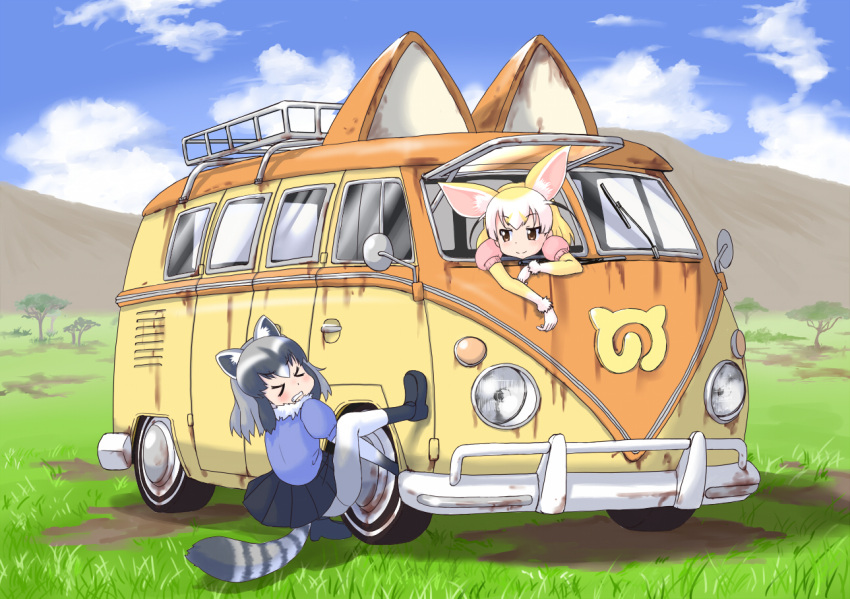 &gt;_&lt; 2girls animal_ears black_boots black_hair black_skirt blonde_hair blush boots clenched_teeth closed_mouth clouds commentary_request common_raccoon_(kemono_friends) day dirty eyebrows_visible_through_hair fennec_(kemono_friends) fox_ears full_body grass ground_vehicle hair_between_eyes japari_symbol kemono_friends looking_at_another motor_vehicle multicolored_hair multiple_girls open_window outdoors pleated_skirt puffy_short_sleeves puffy_sleeves pxton raccoon_ears raccoon_tail short_sleeves silver_hair skirt sky smile tail teeth tree van volkswagen_type_2 white_hair white_legwear