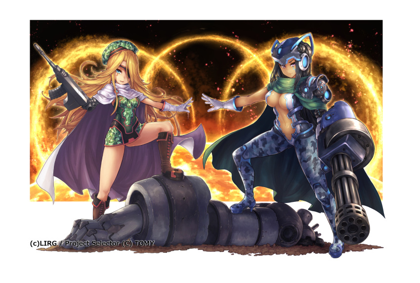 2girls after_battle armor beret black_hair blonde_hair blue_bodysuit blue_eyes bodysuit boots breasts brown_boots camouflage_bodysuit camouflage_dress camouflage_hat cape center_opening closed_mouth commentary_request company_name cyborg dark_skin dress eyepatch facial_mark full_body gatling_gun gloves green_cape green_dress green_hat gun hat headgear high_heels knee_boots knee_up large_breasts long_hair looking_at_viewer mechanical_arm medium_breasts microdress minigun multiple_girls navel official_art outstretched_arm parted_lips ros serious severed_arm severed_limb shiny shiny_skin simple_background single_glove smile solar_flare standing stomach sun symmetrical_hand_pose symmetrical_pose very_long_hair violet_eyes weapon weapon_request white_background white_cape white_gloves wixoss